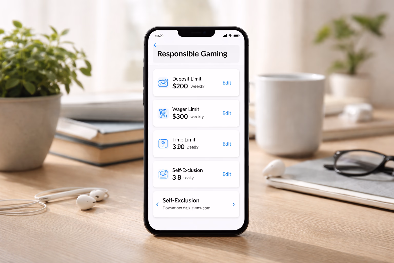 A calm player setting limits and reviewing responsible gaming options on the Casinofe platform at home.
