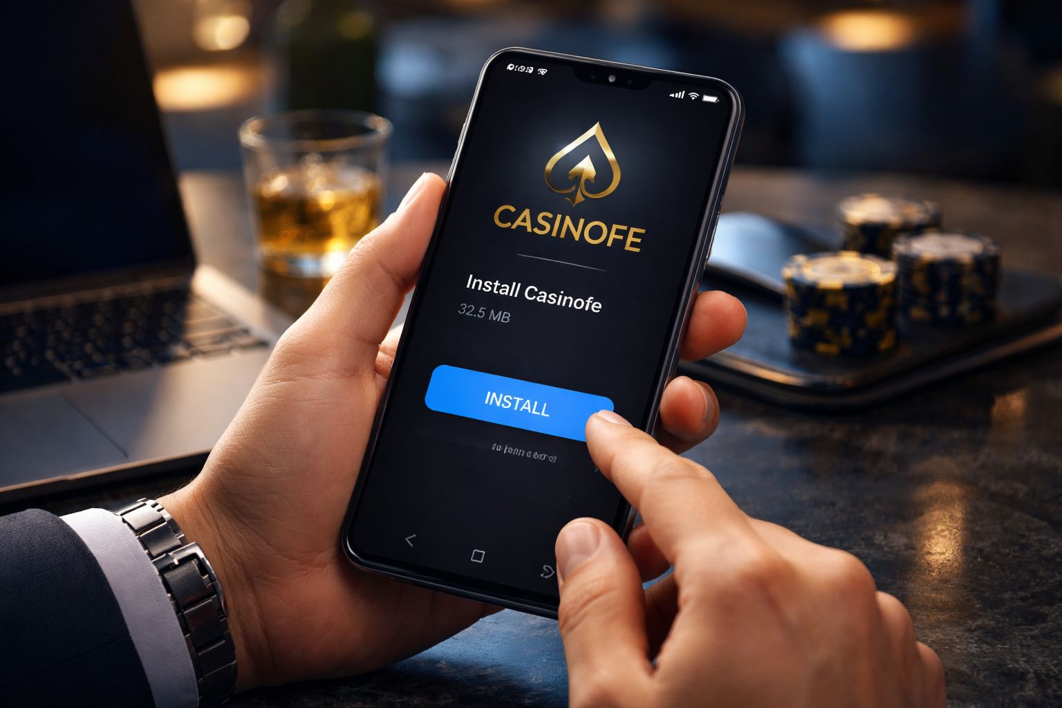 Player installing the Casinofe APK on an Android smartphone in a stylish indoor environment