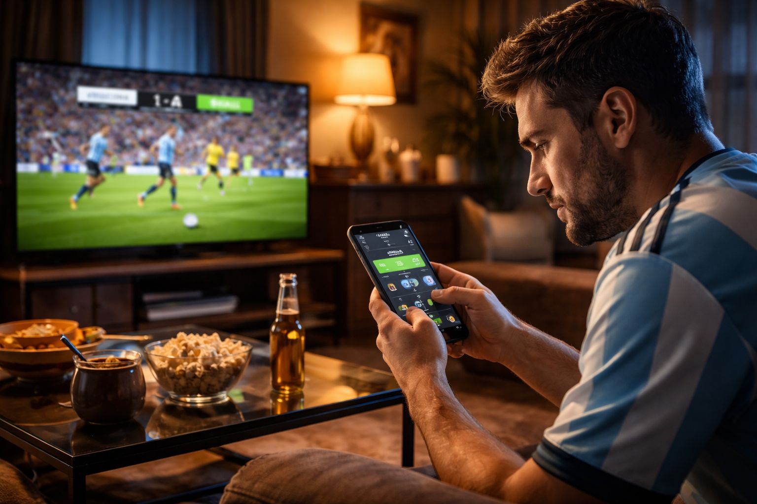 A focused bettor watching a live match in Argentina while using the Casinofe mobile betting interface to place an in-play wager.