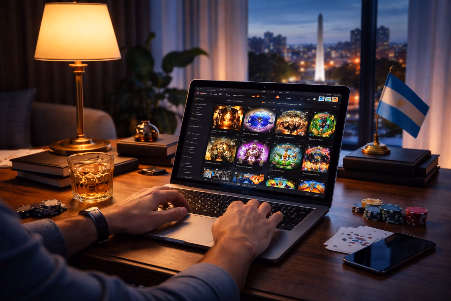 An Argentine woman using her laptop to browse the Casinofe casino lobby filled with tables, slots, and live options.