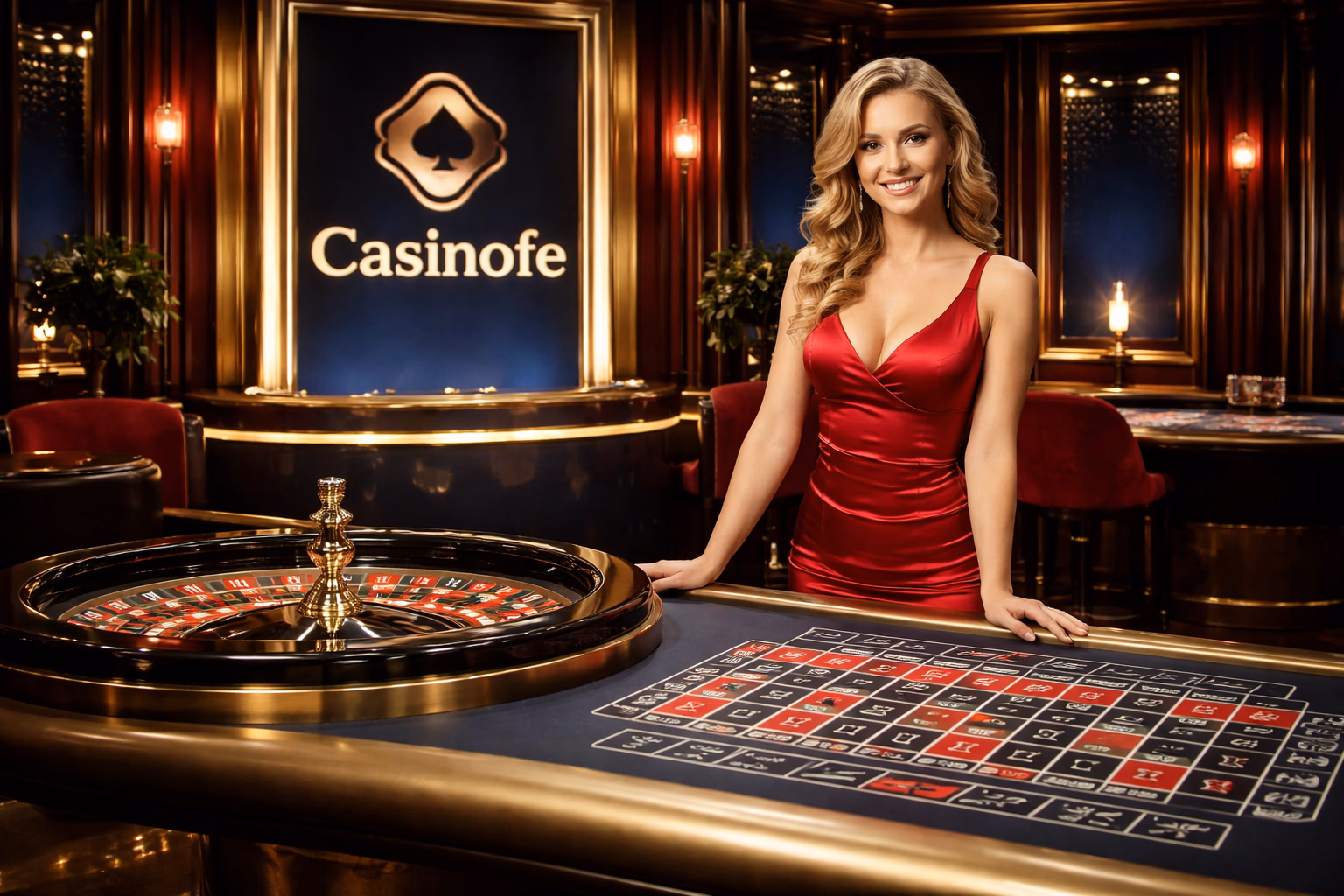 A professional live dealer at a Casinofe roulette table smiling under elegant studio lighting during an active session.