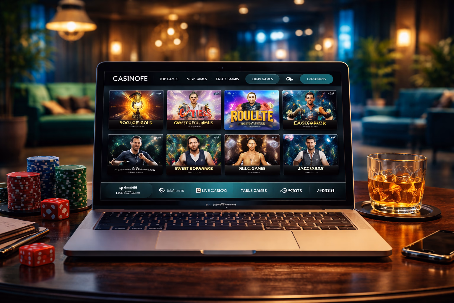 A sleek digital interface showing multiple Casinofe game categories arranged for easy browsing on screen