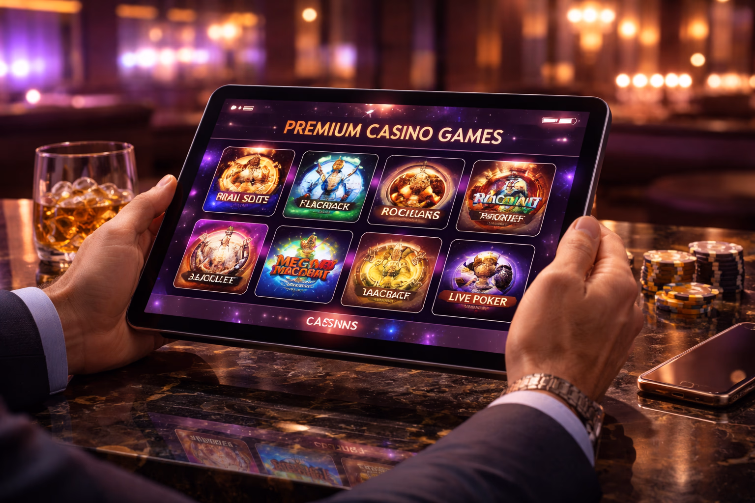 A player using a tablet to enjoy the Casinofe platform with crisp graphics and a secure modern atmosphere