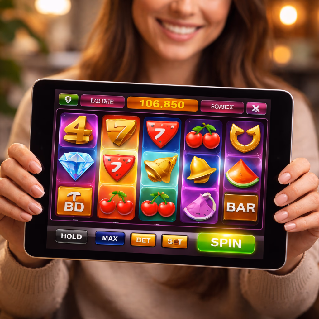 A happy mobile user in Argentina celebrating a rewarding slot result while playing Casinofe on a tablet in a modern indoor setting.